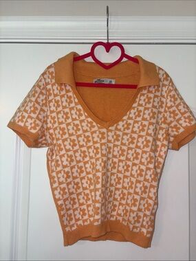 Hollister Orange and White Floral Check Knit Polo